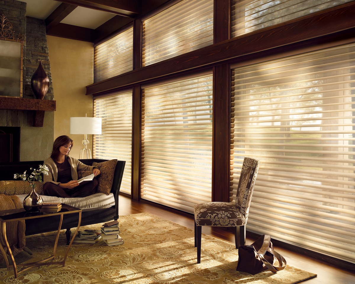 Photo of Semi-Translucent Power Rise Blinds For The Whole Window With Wooden Slats And Metal Fixtures